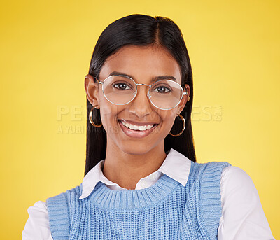 Buy stock photo Happy, glasses and portrait of woman in studio for business, corporate and professional. Smile, pride and happiness with face of female on yellow background for mindset, confident and mockup