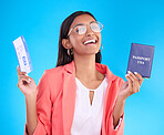 Happy woman, passport and ticket for travel, flight or USA documents against a blue studio background. Portrait of female business traveler smile holding international boarding pass or ID for trip