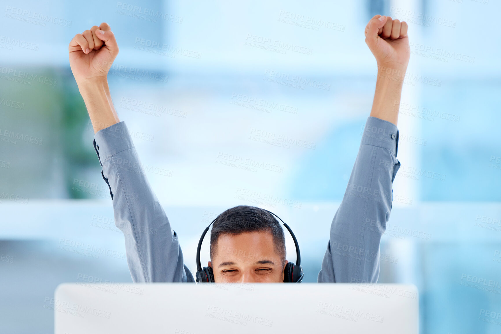 Buy stock photo Happy, success and a man in call center with a win, celebration and target achievement on a pc. Smile, excited and a customer support agent celebrating a promotion, bonus or telemarketing goal