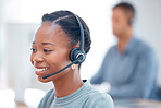 Call center, headset or friendly black woman in communication at telecom customer services. Microphone, smile or happy African sales agent consulting, speaking or talking in tech support help desk