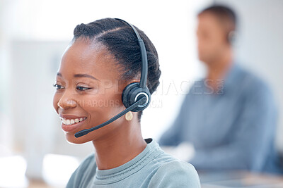 Buy stock photo Call center, headset or friendly black woman in communication at telecom customer services. Microphone, smile or happy African sales agent consulting, speaking or talking in tech support help desk