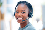 Happy, portrait and a black woman in call center with a smile for consulting and telemarketing. Contact us, happiness and the face of an African customer service agent working in online support