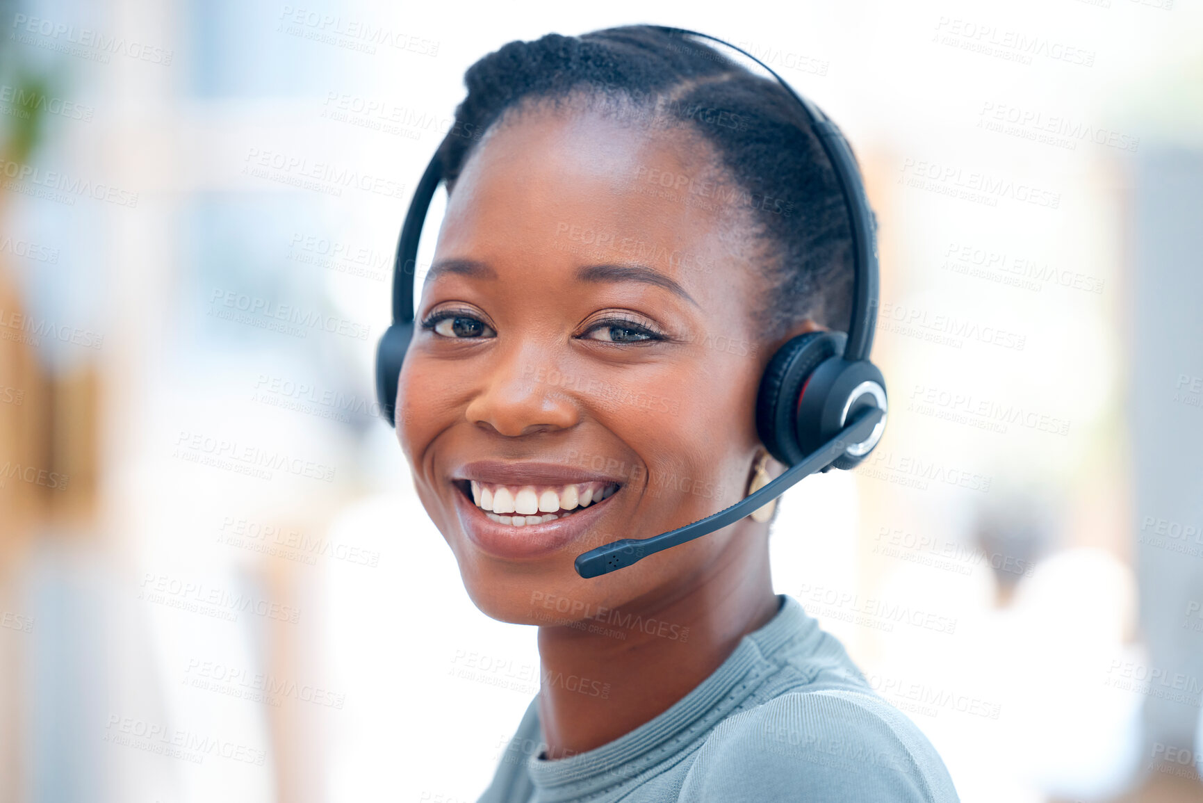 Buy stock photo Happy, portrait and a black woman in call center with a smile for consulting and telemarketing. Contact us, happiness and the face of an African customer service agent working in online support