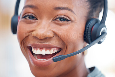 Buy stock photo Portrait, call center and customer service with a consultant black woman closeup in her office for support. Face, happy and smile with a female consulting using a headset for telemarketing or sales