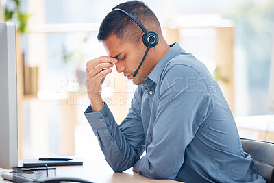 Buy stock photo Headache pain, tired or man in call center with burnout feeling overworked in crm communication. Migraine, office or stressed telemarketing sales agent with anxiety, fatigue or mental health problems