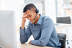 Headache, migraine pain or man in call center with burnout feeling overworked in crm communication. Stressed, office or tired telemarketing sales agent with anxiety, fatigue or mental health problems