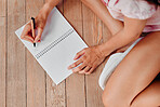 Notebook, writing and planning woman hands with journal ideas, inspiration or creativity on wood floor above. Creative young person with mindfulness, healing notes and self care book for writer goals