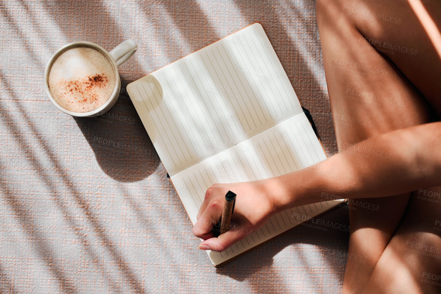 Buy stock photo Notebook, writing and woman hands with coffee for ideas, inspiration and creativity on floor above in sunshine. Creative person with latte for mindfulness, healing notes or self care goals of writer