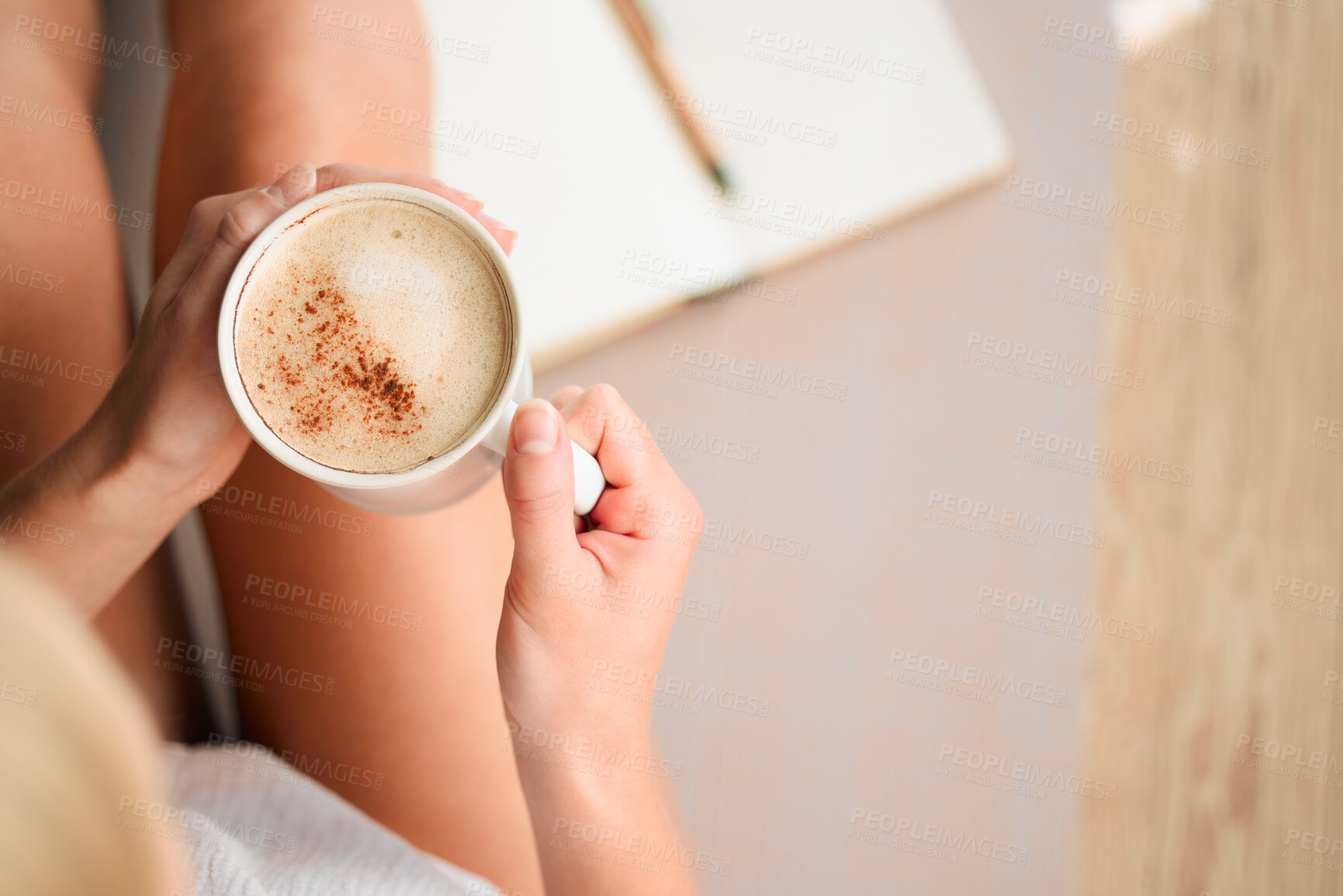 Buy stock photo Above, stress relief and a woman with coffee and a notebook for writing in morning. Calm, hands and a girl with a drink and book for reflection, journaling or relaxing in a house on the weekend