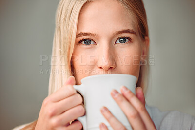 Buy stock photo Relax, portrait and woman with coffee, calm and cheerful with inspiration, motivation and chilling. Face, female and young person with tea, cappuccino and satisfied with beverage, aroma and peace