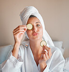 Eye mask, happy and portrait of a woman with cucumber for wellness, face care and skincare at home. Playful, home spa and a girl with food for facial hydration, nutrition and weekend relaxation