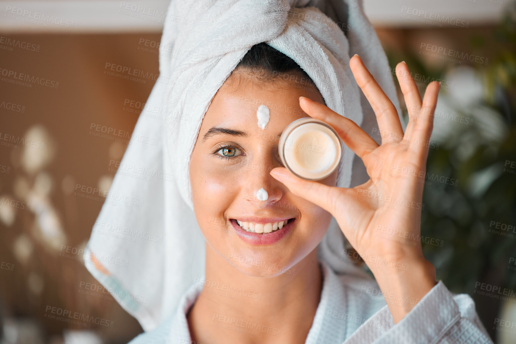 Buy stock photo Happy woman, face and skincare cream for beauty, cosmetics or facial treatment with smile at spa. Portrait of beautiful female smiling with creme or lotion for anti aging or dermatology at salon