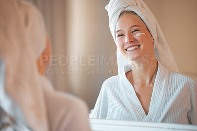 Buy stock photo Mirror, skincare and lotion with a woman in a bathroom of the home during her morning beauty routine. Facial, cosmetics and cream with an attractive young female feeling happy while getting ready