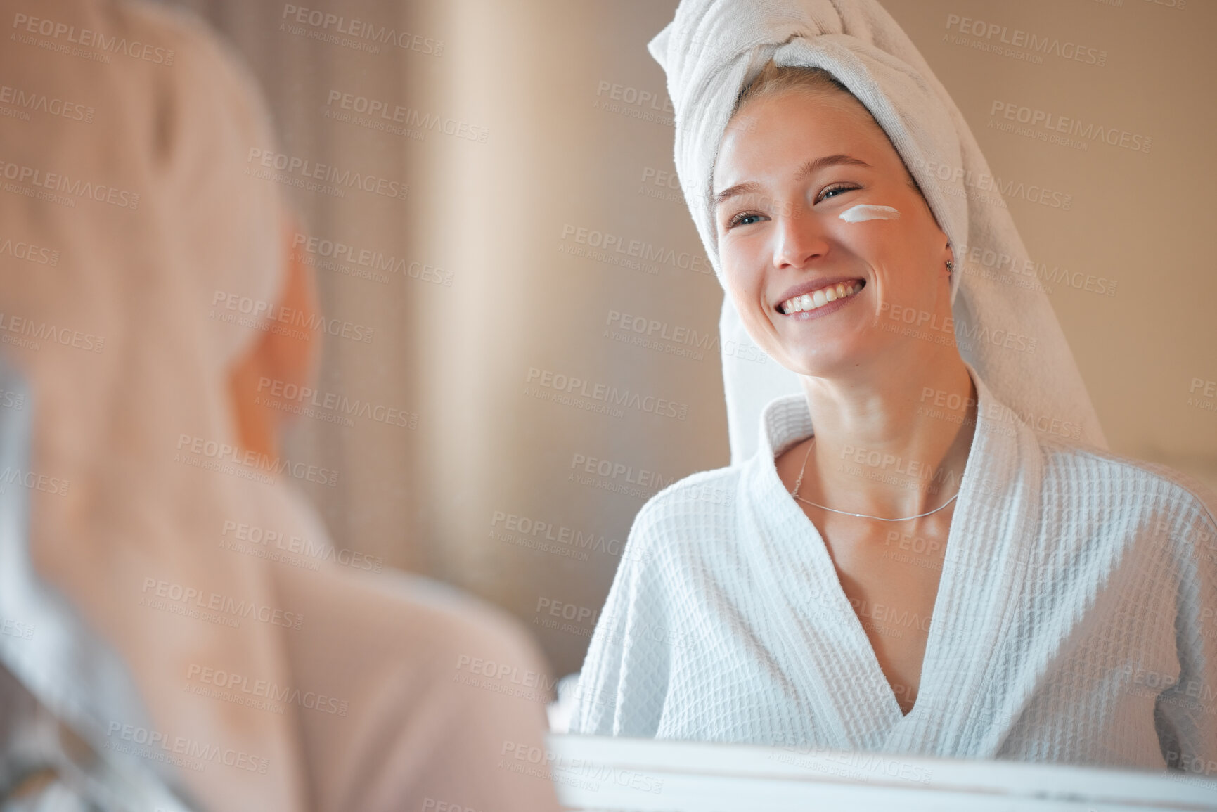 Buy stock photo Mirror, skincare and lotion with a woman in a bathroom of the home during her morning beauty routine. Facial, cosmetics and cream with an attractive young female feeling happy while getting ready