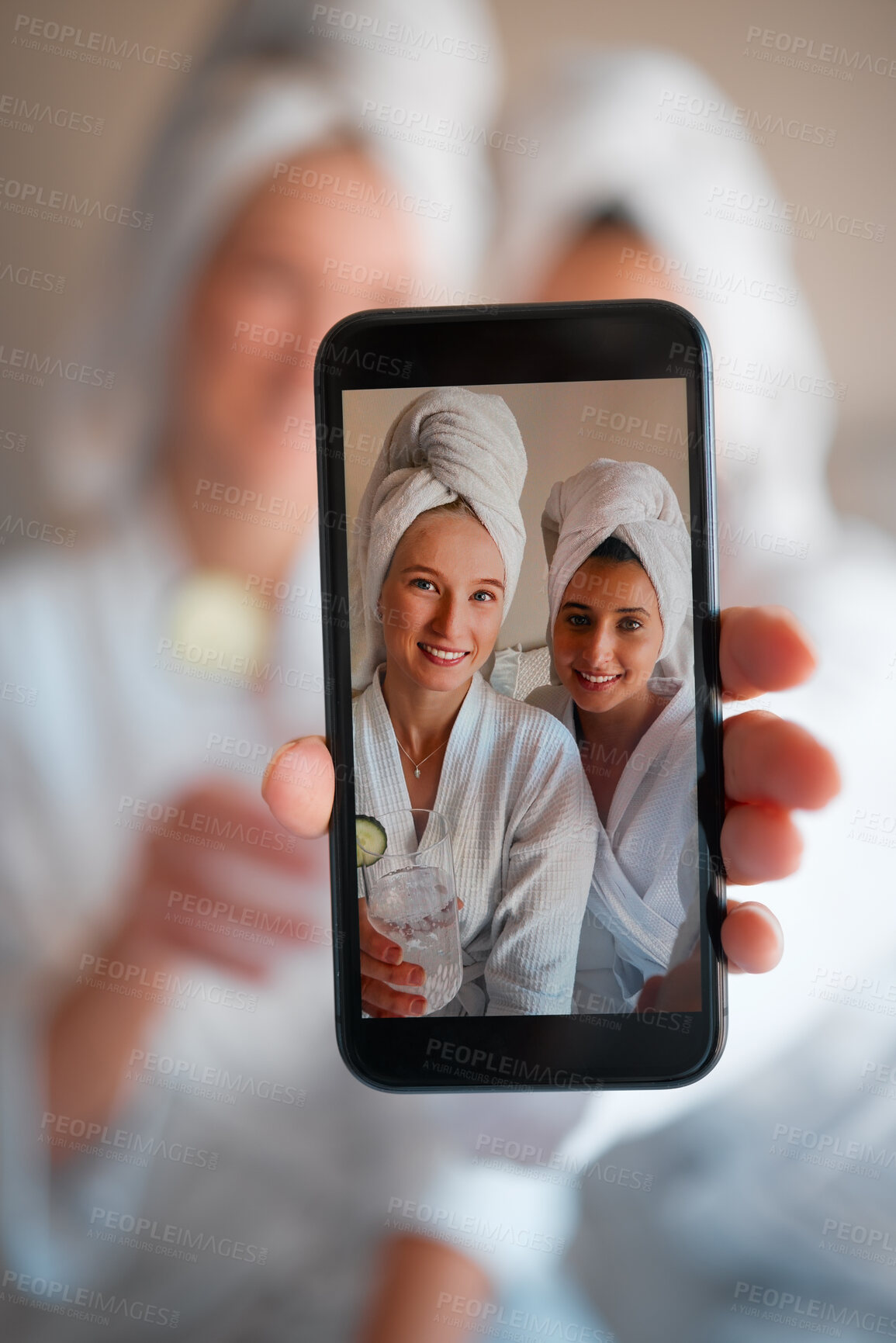 Buy stock photo Woman, friends and portrait selfie in beauty spa for relaxation, skincare or facial treatment at resort. Happy women smiling for profile picture, photo or vlog in zen, body care or wellness at salon