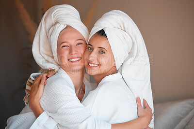 Buy stock photo Portrait, spa and women hug, skincare and cosmetics with salon treatment, relax and getaway for beauty. Face, females and friends on holiday, vacation and grooming on resort trip, smile and embrace