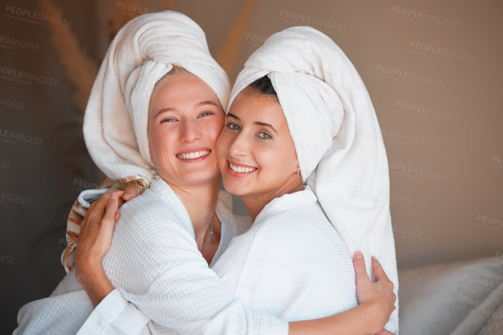 Buy stock photo Portrait, spa and women hug, skincare and cosmetics with salon treatment, relax and getaway for beauty. Face, females and friends on holiday, vacation and grooming on resort trip, smile and embrace