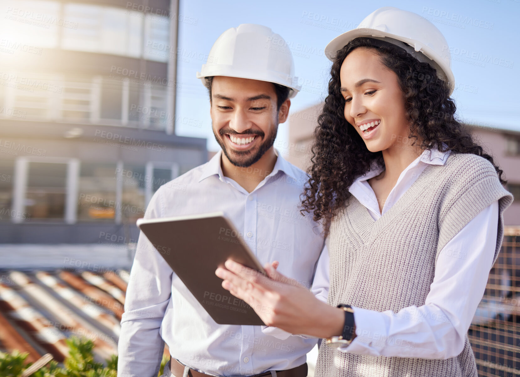 Buy stock photo Tablet, construction site or happy engineering people in development project planning or collaboration. Teamwork, digital or industrial designer in meeting with a manager for office building strategy