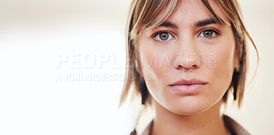 Buy stock photo Beauty, serious and portrait of a woman in a studio with a positive and confidence mindset. Beautiful, young and headshot of female model from Mexico standing by a blurry background with mockup space