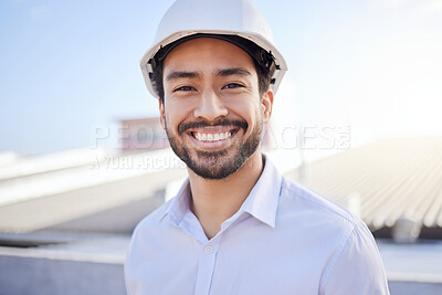 Buy stock photo Asian man, architect and portrait smile for construction, building or roof top project in city. Happy face of male contractor, engineer or builder smiling for architecture with safety helmet in town