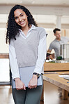 Happy, office and portrait of a woman at work for business, administration and executive job. Smile, morning and a corporate employee standing in the workplace with technology working at an agency
