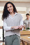 Happy, professional and portrait of a woman at work for business, administration and executive job. Smile, morning and corporate employee standing in the workplace with technology working at agency