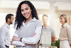 Architect woman, smile in portrait and arms crossed, confidence and happiness in architecture meeting with team leader. Property development, female in business and happy with engineering and success