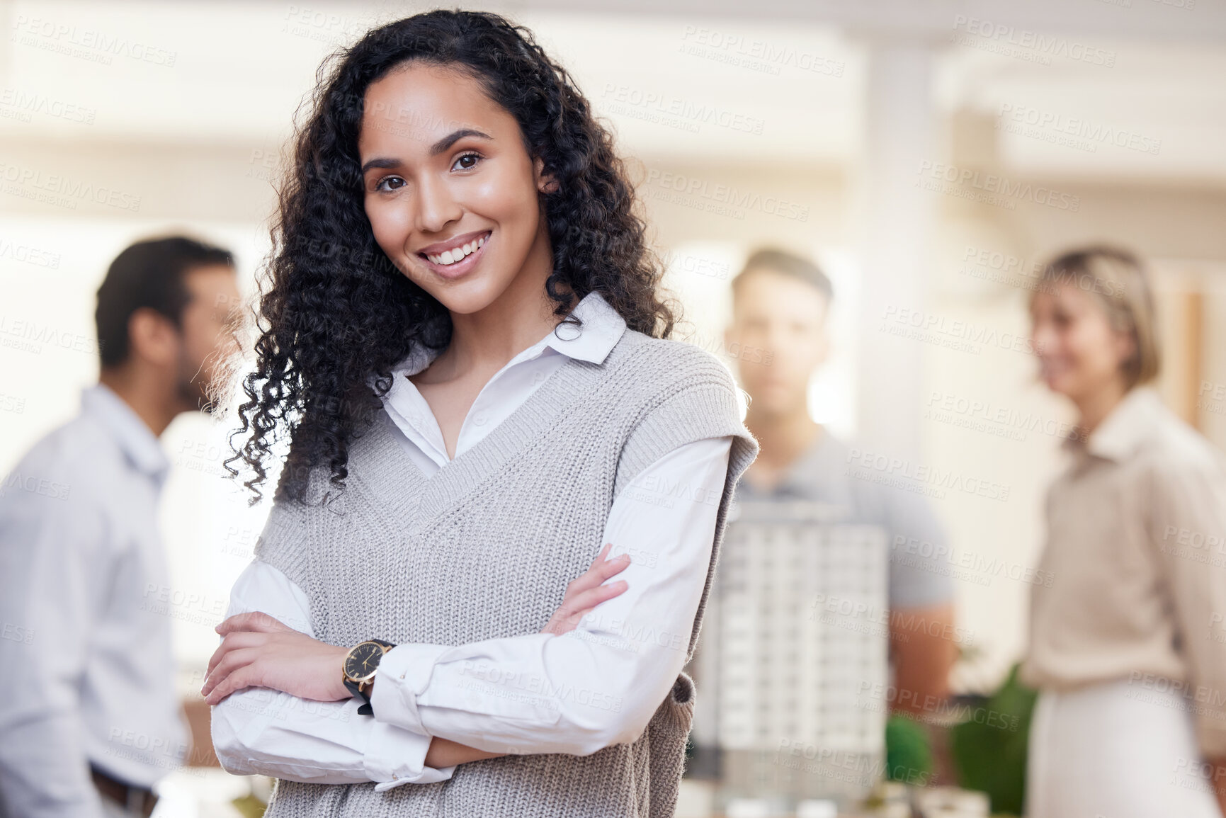 Buy stock photo Architect woman, smile in portrait and arms crossed, confidence and happiness in architecture meeting with team leader. Property development, female in business and happy with engineering and success