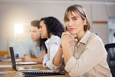 Buy stock photo Business woman in meeting, portrait and confidence with collaboration, project management and team leader. Female in corporate, success and career growth with professional mindset in conference room