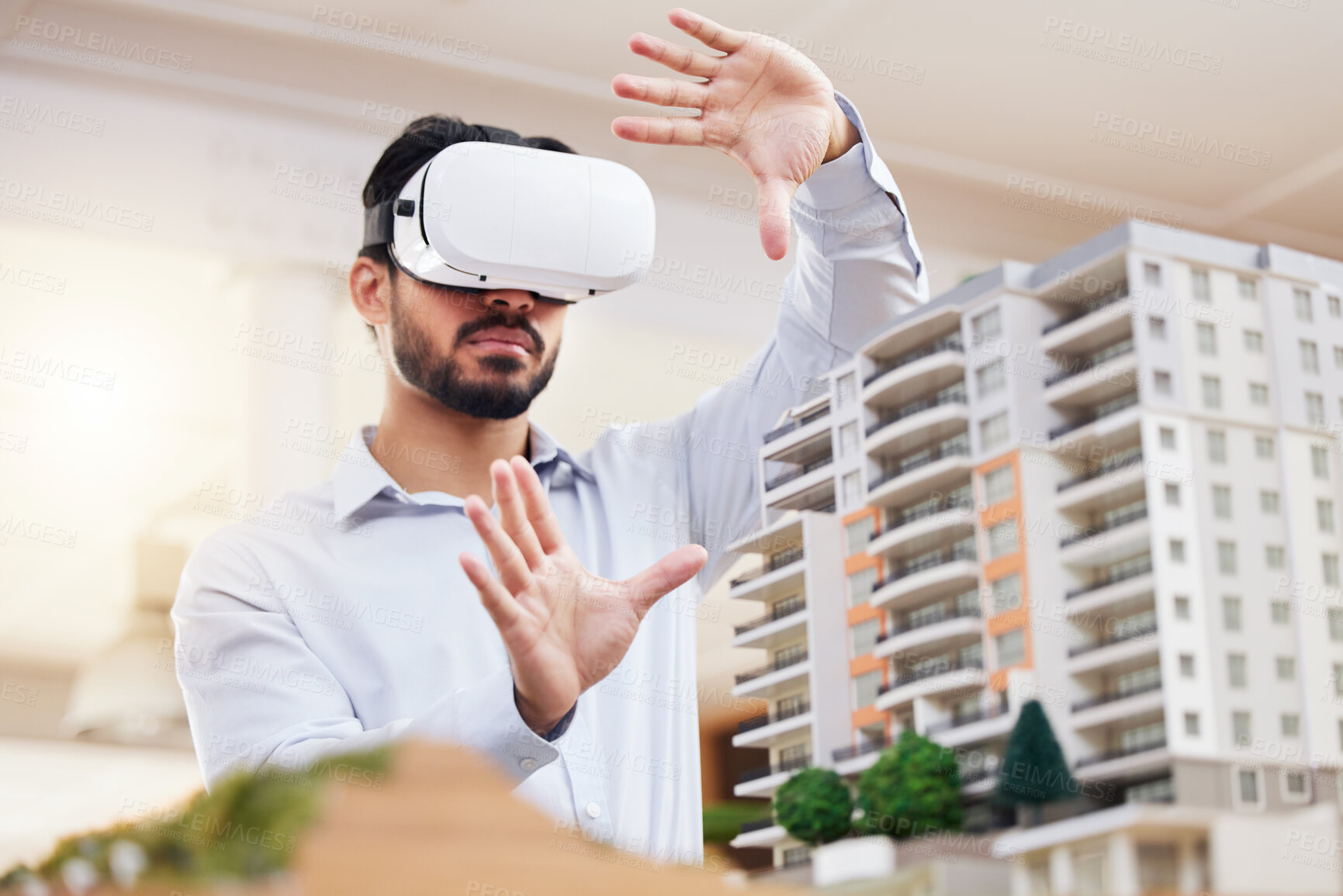 Buy stock photo Architect, man and VR architecture model, construction and building with future technology and UX. Virtual reality goggles, design and engineering, metaverse and simulation of property development