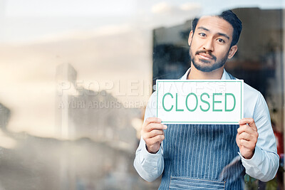 Buy stock photo Asian man, small business and closed sign for out of service in coffee shop or restaurant closing. Portrait of male entrepreneur, manager or waiter holding billboard or poster sorry for close in cafe