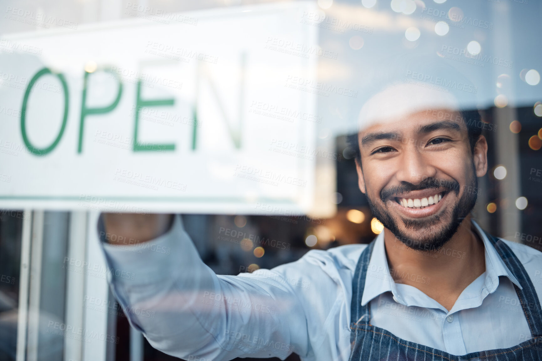 Buy stock photo Asian man, small business and portrait smile with open sign on window for service in coffee shop or restaurant. Male entrepreneur or manager with billboard or poster for opening retail store or cafe