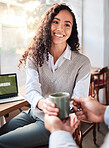 Coffee shop server, client waiter and happy woman with hot chocolate, tea cup or morning beverage for hydration. Breakfast restaurant service, customer espresso drink and cafe store person with latte