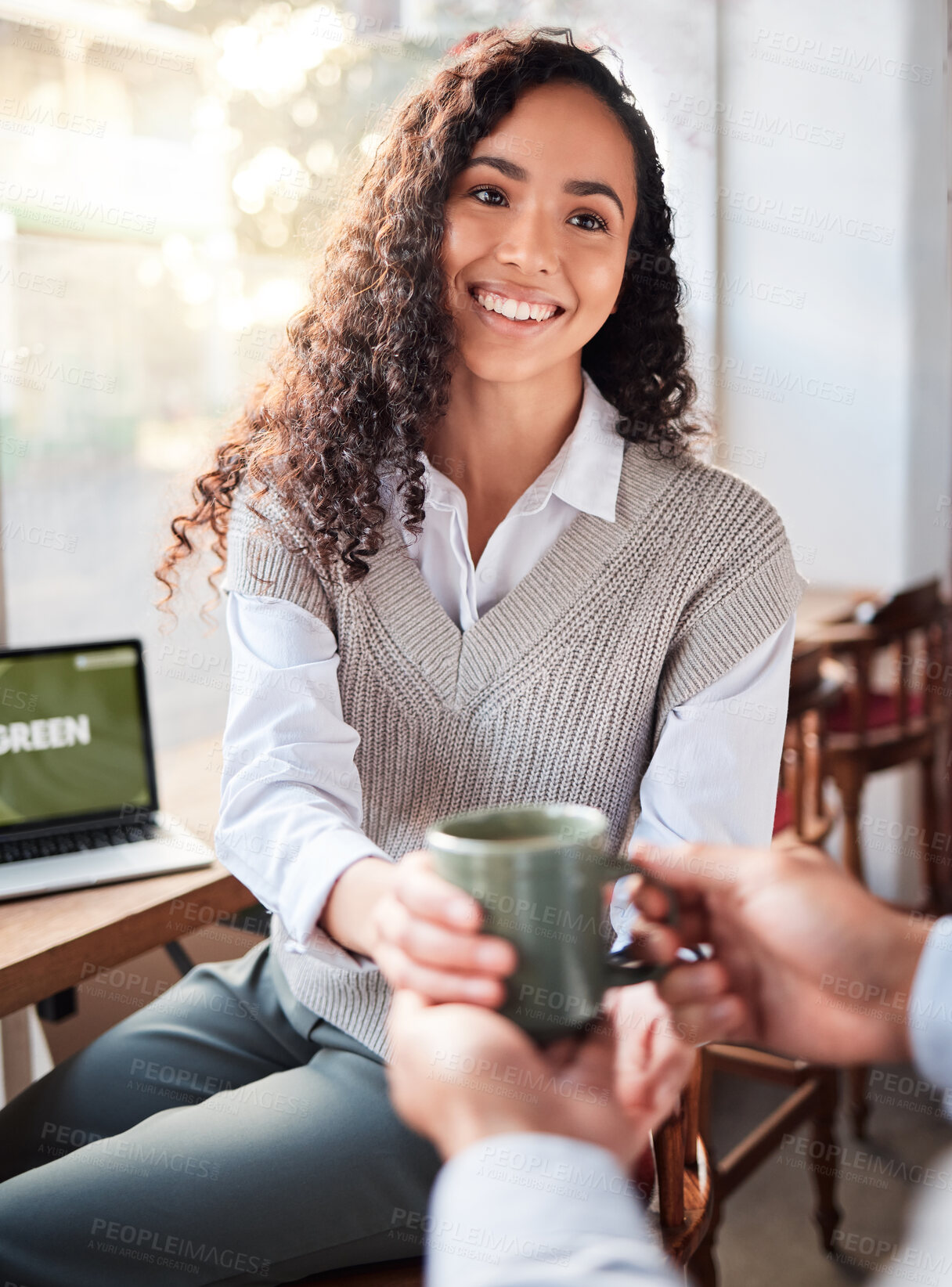 Buy stock photo Happy cafe customer, coffee and woman with hot chocolate, tea cup or morning hydration beverage. Breakfast restaurant server, service waiter and restaurant person with latte, expresso or client drink