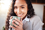 Coffee, morning and portrait of woman with smile relaxing in cafe with latte, cappuccino and espresso. Breakfast, happiness and face of girl drink hot beverage for calm, peace and enjoying weekend