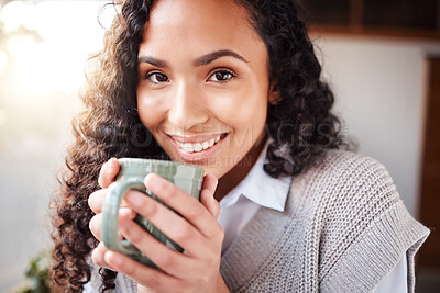 Buy stock photo Coffee, morning and portrait of woman with smile relaxing in cafe with latte, cappuccino and espresso. Breakfast, happiness and face of girl drink hot beverage for calm, peace and enjoying weekend