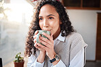 Coffee shop, face and relax woman drinking hot chocolate, tea cup or client beverage for morning hydration wellness. Restaurant service, customer espresso drink or cafe store person with latte mug