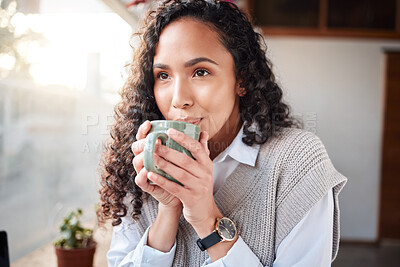 Buy stock photo Coffee shop, face or relax woman drinking hot chocolate, tea cup or client beverage in morning hydration wellness. Restaurant, cafe or store customer with latte drink, person thinking or service idea