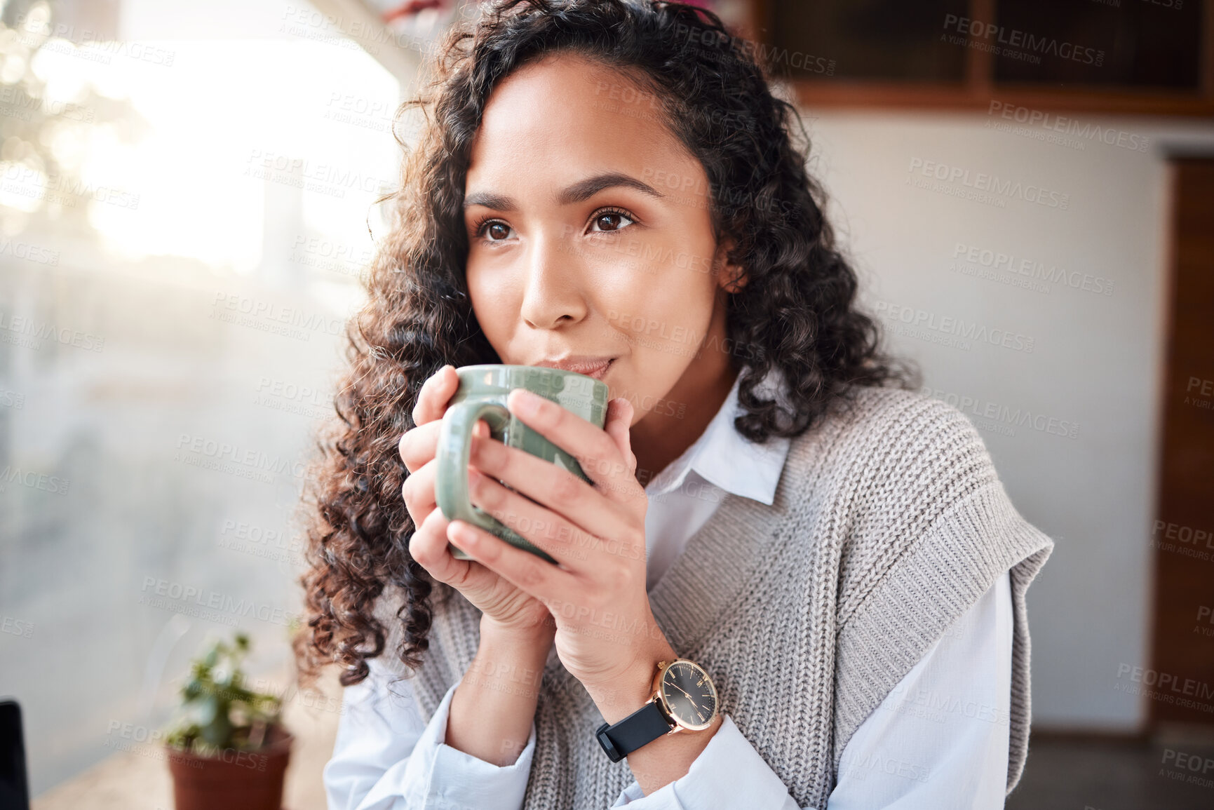 Buy stock photo Coffee shop, face or relax woman drinking hot chocolate, tea cup or client beverage in morning hydration wellness. Restaurant, cafe or store customer with latte drink, person thinking or service idea