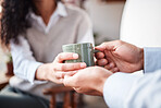 Coffee shop server, waiter hands and woman drinking hot chocolate, tea cup or morning beverage for hydration wellness. Restaurant service, customer espresso drink or cafe store person with latte mug