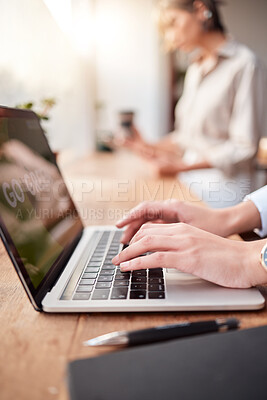 Buy stock photo Cafe hands, laptop typing and woman review small business report, research statistics or customer experience feedback. Restaurant store, coffee shop and morning person work on hospitality insight