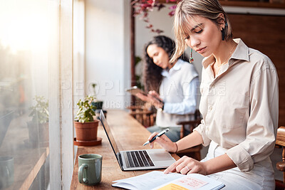 Buy stock photo Cafe, writing and planning women on laptop for remote work, online business or internet project with notebook. Focus, serious and customer or person coworking in coffee shop with computer research