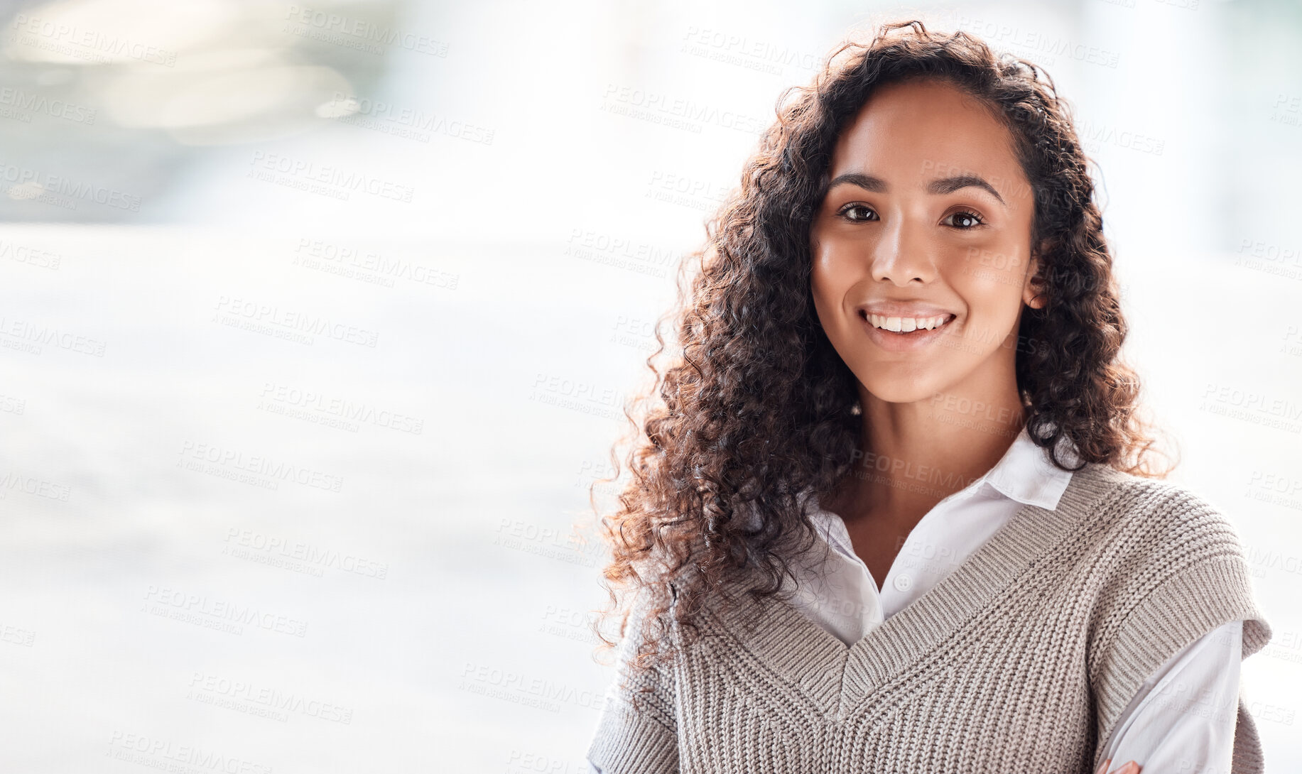 Buy stock photo Portrait, mockup and woman with smile, business and confident girl with joy, cheerful and happiness. Face, female employee and entrepreneur with startup, creativity and success with positive mindset