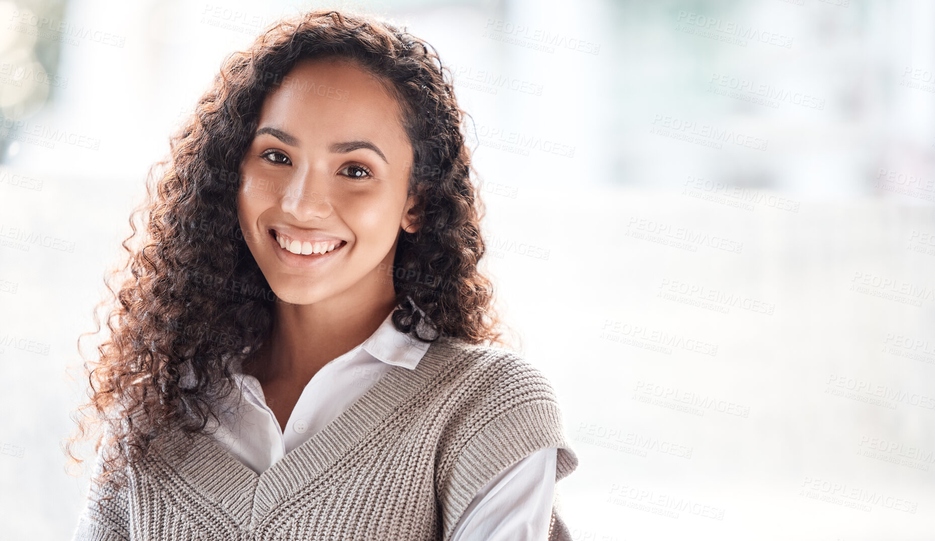 Buy stock photo Portrait, mockup and woman with smile, entrepreneur and success with startup, growth and confidence. Face, female consultant and happy employee with happiness, creative or positive worker on mock up