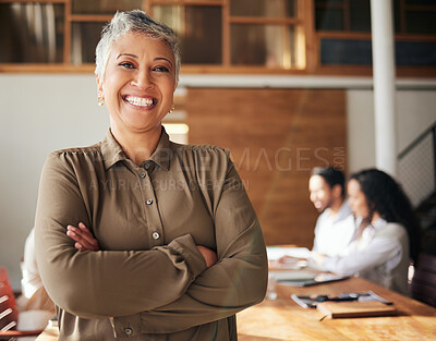 Buy stock photo Happy, leadership and portrait of a woman with arms crossed for a meeting, seminar or work training. Smile, pride and a corporate employee with confidence in a team conference or coaching a group