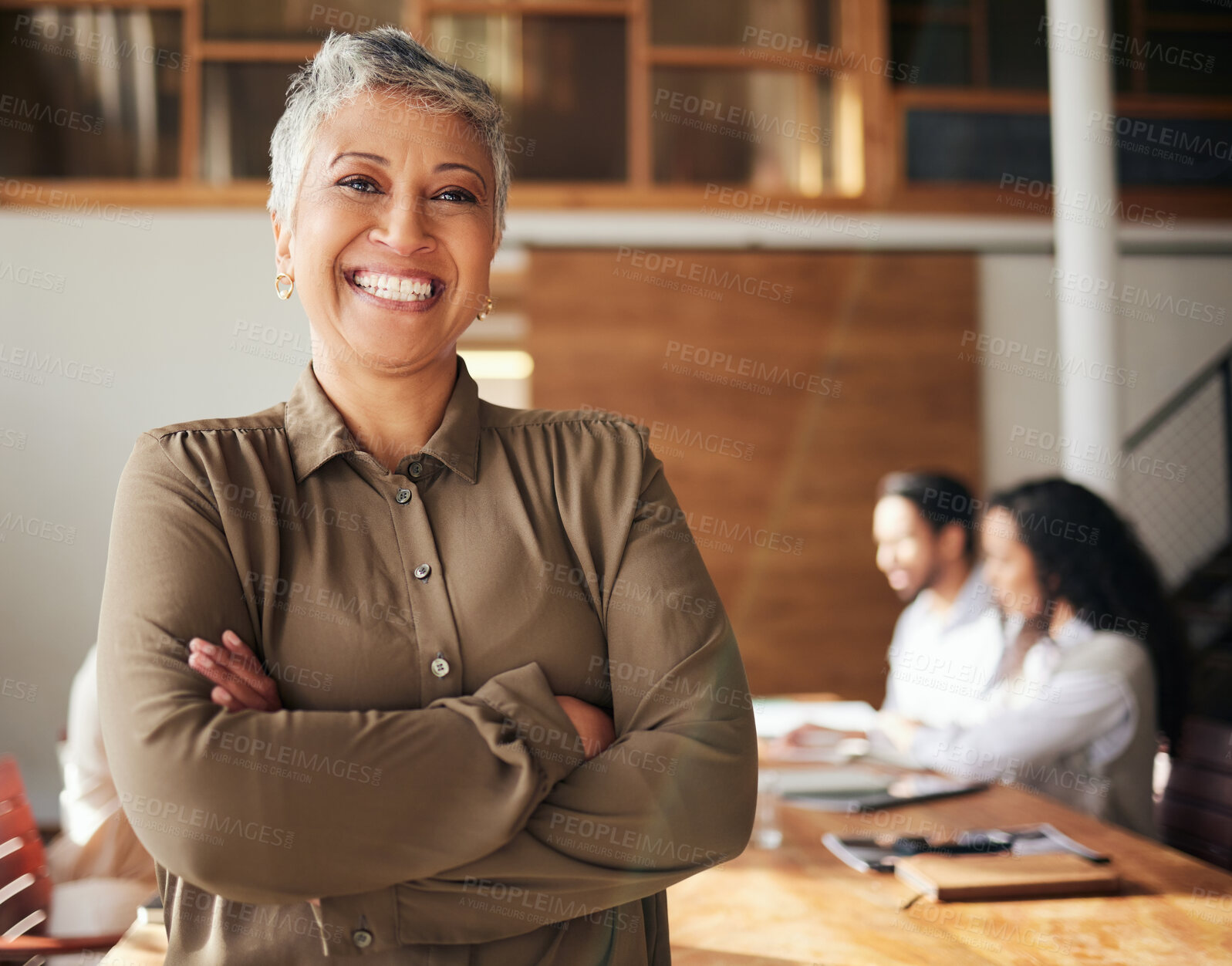 Buy stock photo Happy, leadership and portrait of a woman with arms crossed for a meeting, seminar or work training. Smile, pride and a corporate employee with confidence in a team conference or coaching a group