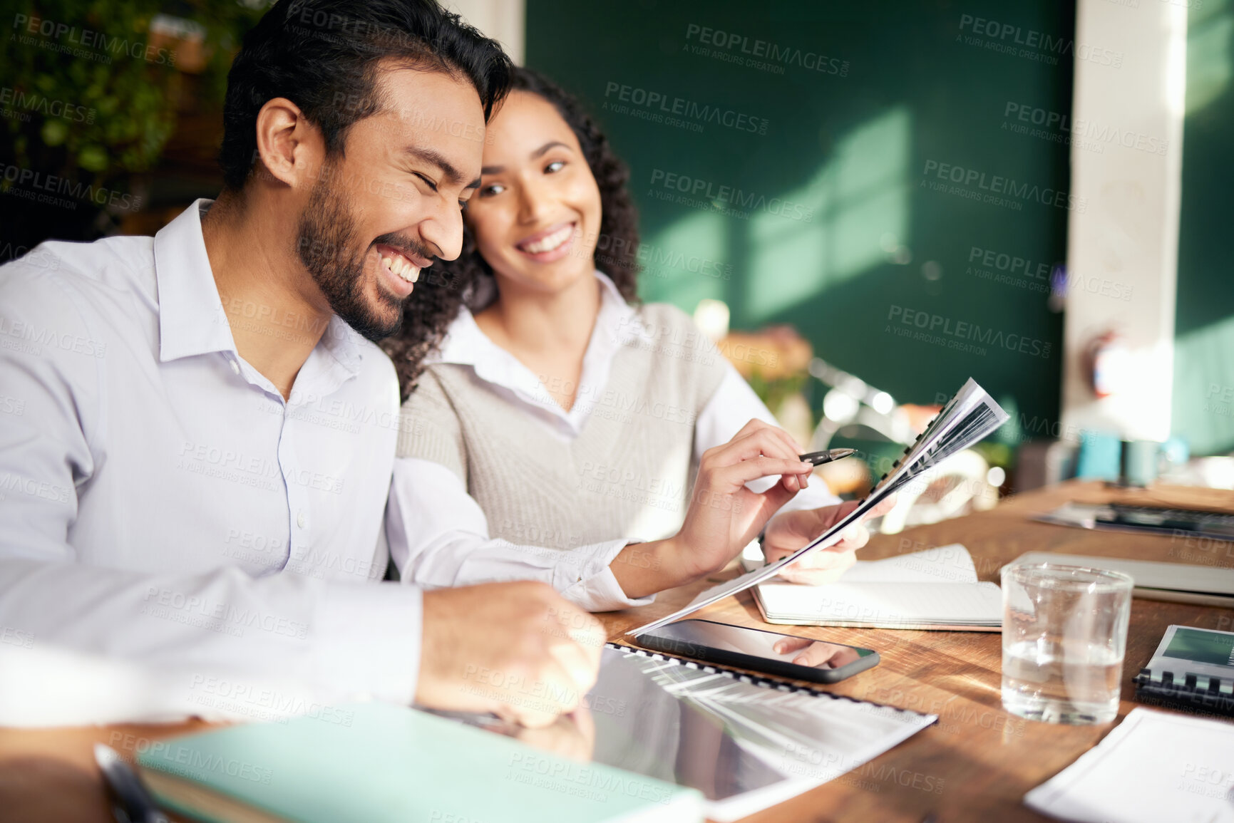 Buy stock photo Collaboration, documents and strategy with a business team in the office, working together on a report. Teamwork, paper or planning with man and woman colleagues or employees at work on a proposal