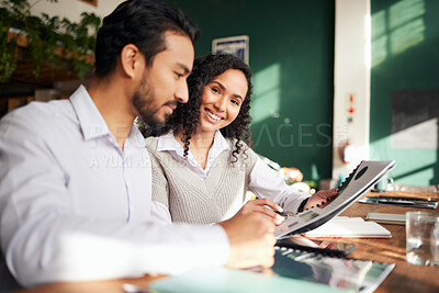 Buy stock photo Collaboration portrait, documents and planning with a business team in office, working together on a report. Teamwork, paper or strategy with man and woman colleagues or employees on a work proposal