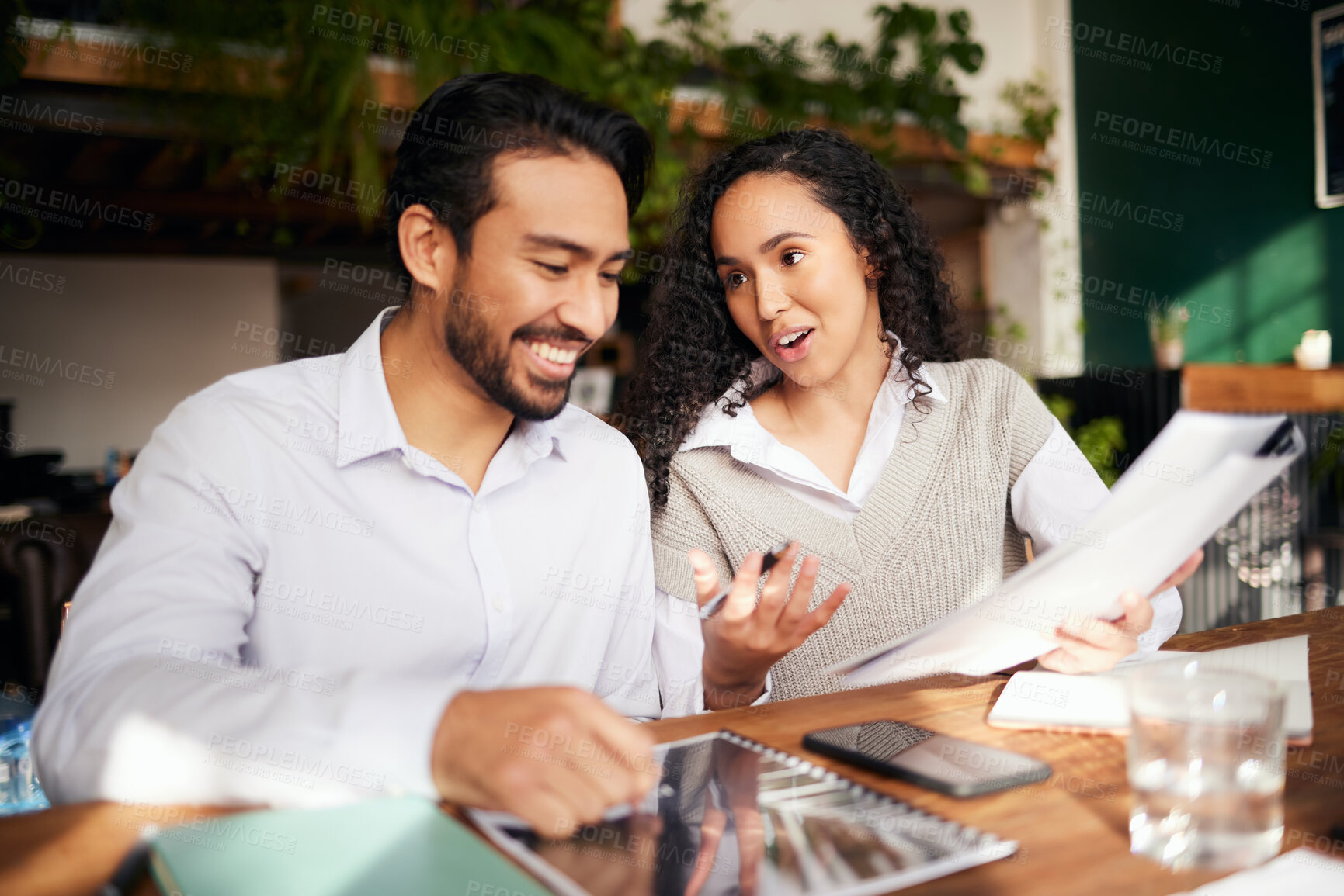 Buy stock photo Teamwork, documents and planning with business colleagues in the office, working together on a report. Collaboration, paperwork or strategy with a man and woman employee team at work on a proposal