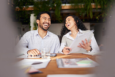Buy stock photo Collaboration, documents and laughing with a business team in the office and working together on a report. Teamwork, funny or strategy with man and happy woman colleagues or employees with paperwork